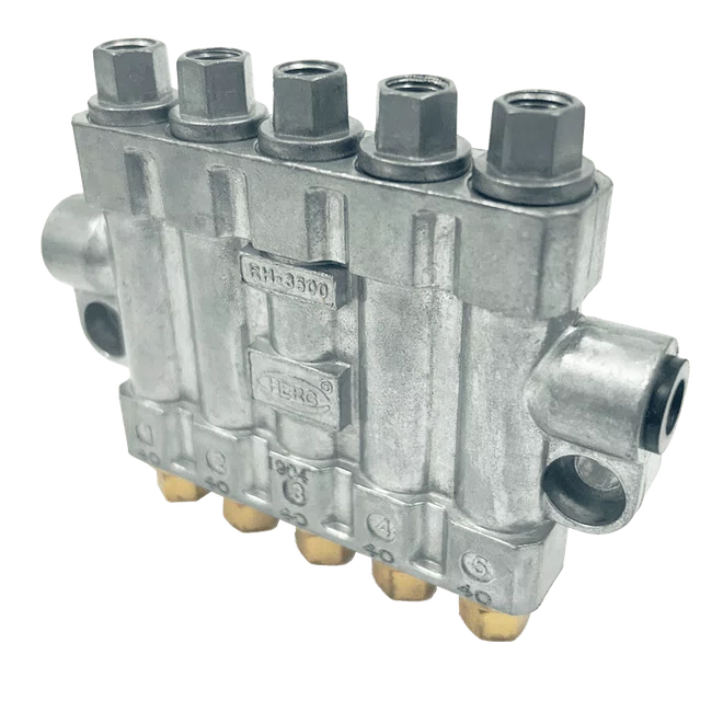 Distribuidor Linha Simples Volumétrico Com Pino De Inspeção RH-3530, 5 Saídas De 0,30cc Cada