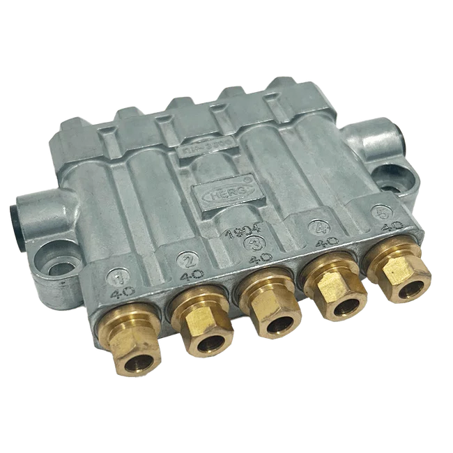 Distribuidor Linha Simples Volumétrico Com Pino De Inspeção RH-3540, 5 Saídas De 0,40cc Cada