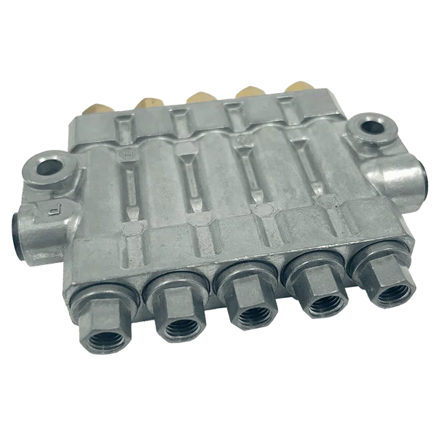 Distribuidor Linha Simples Volumétrico Com Pino De Inspeção RH-3540, 5 Saídas De 0,40cc Cada