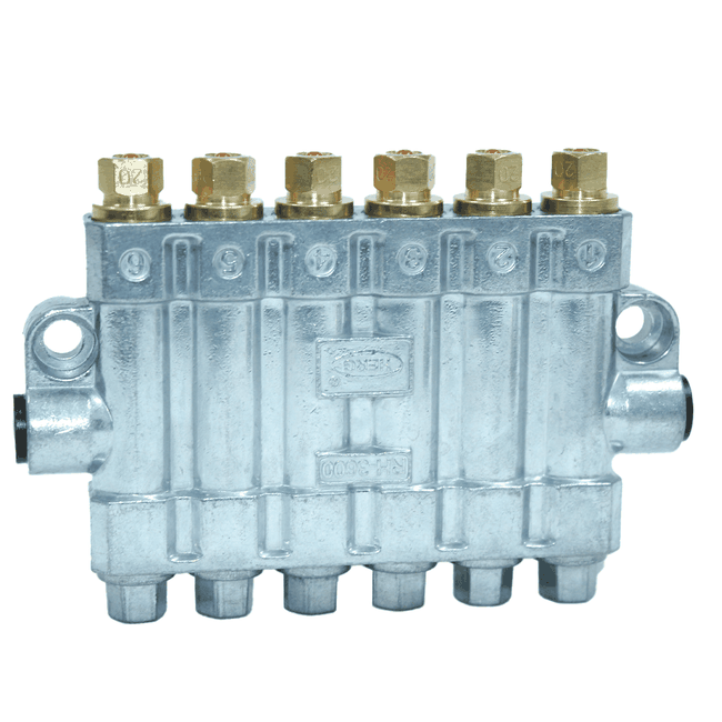 Distribuidor Linha Simples Volumétrico Com Pino De Inspeção RH-3610, 6 Saídas De 0,10cc Cada