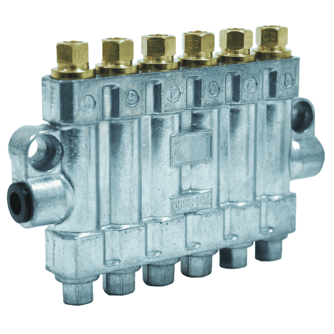 Distribuidor Linha Simples Volumétrico Com Pino De Inspeção RH-3620, 6 Saídas De 0,20cc Cada