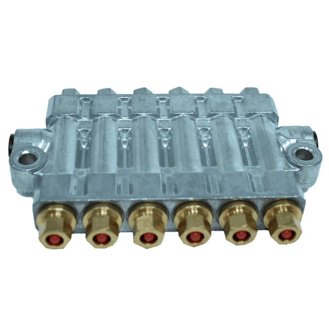 Distribuidor Linha Simples Volumétrico Com Pino De Inspeção RH-3630, 6 Saídas De 0,30cc Cada